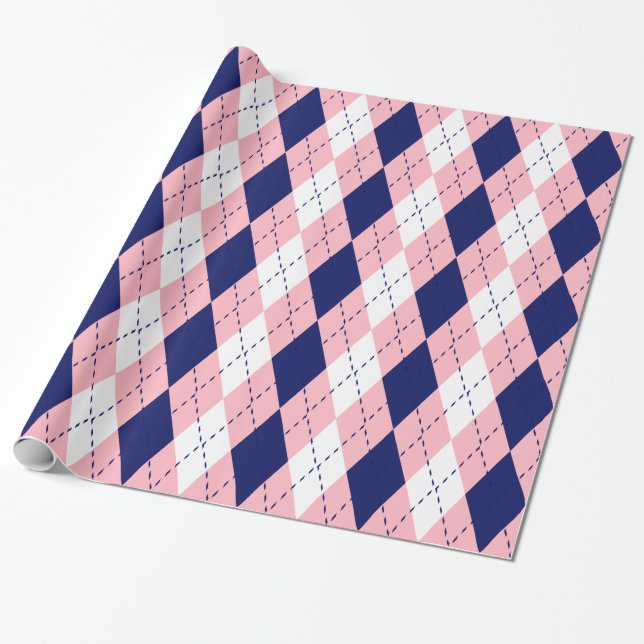 Raute XL Pink Navy Blue Whit Geschenkpapier (Ungerollt)