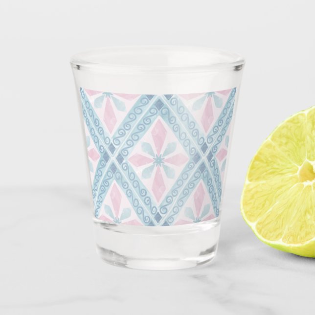 rautenförmiges blaues Muster Schnapsglas (Vorderseite)