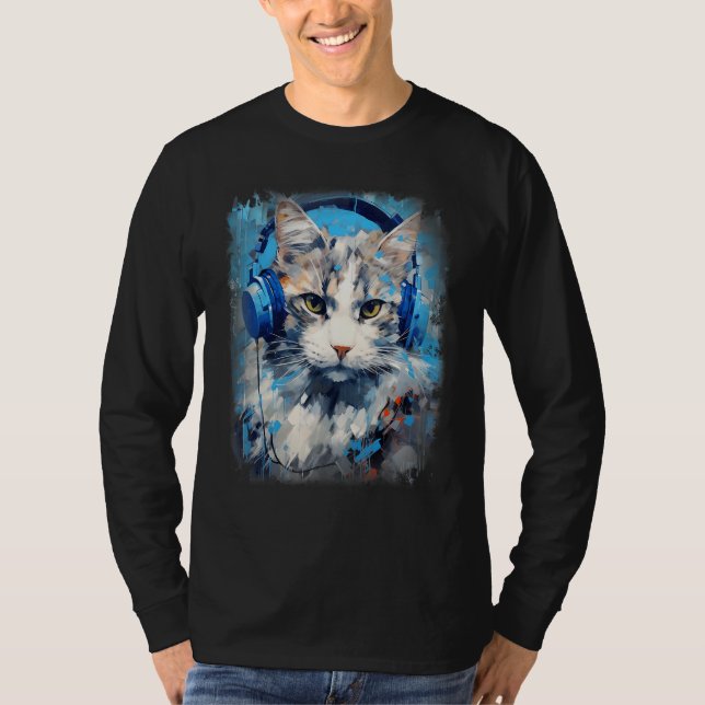Rave EDM Ragamuffin Cat Headphone T-Shirt (Vorderseite)