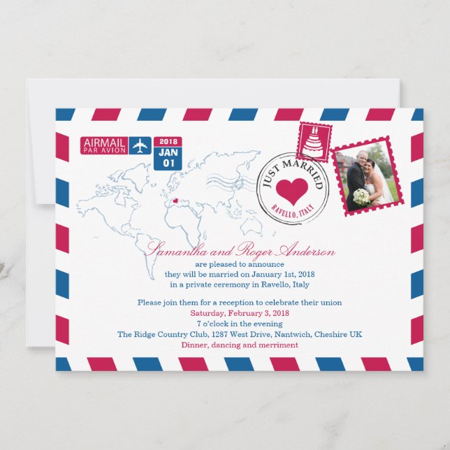 Ravello Italy Airmail Post Wedeption Einladung (Vorderseite)