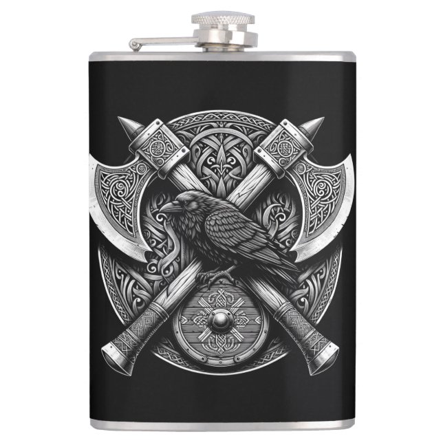 Raven and Axes - Kunst des Kriegerschilds Flachmann (Vorderseite)