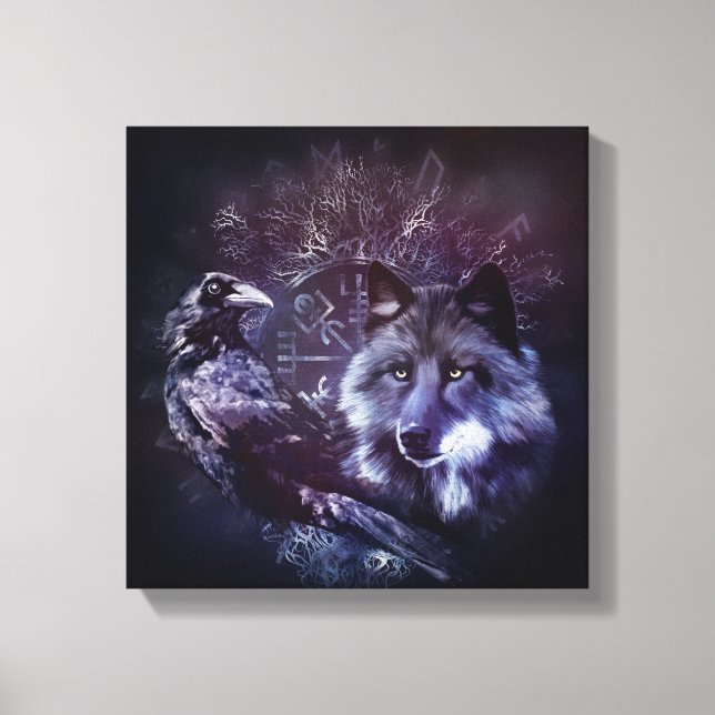 Raven and Wolf - Vegvisir and Tree of life Leinwanddruck (Vorderseite)