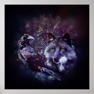 Raven and Wolf - Vegvisir and Tree of life Poster