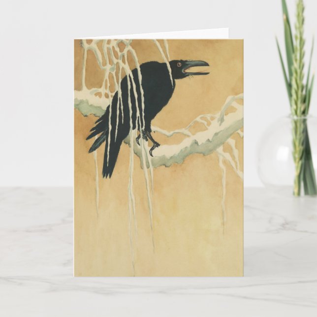 Raven auf einer Baumzweig-Krähe Winter-Abbildung Karte (Vorderseite)