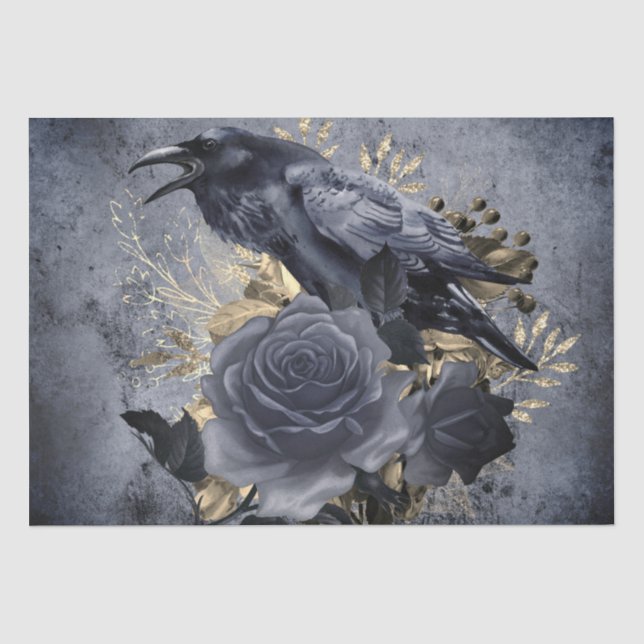 Raven Bird Gold Blue/Black Rose Whimsical Seidenpapier (Vorderseite)