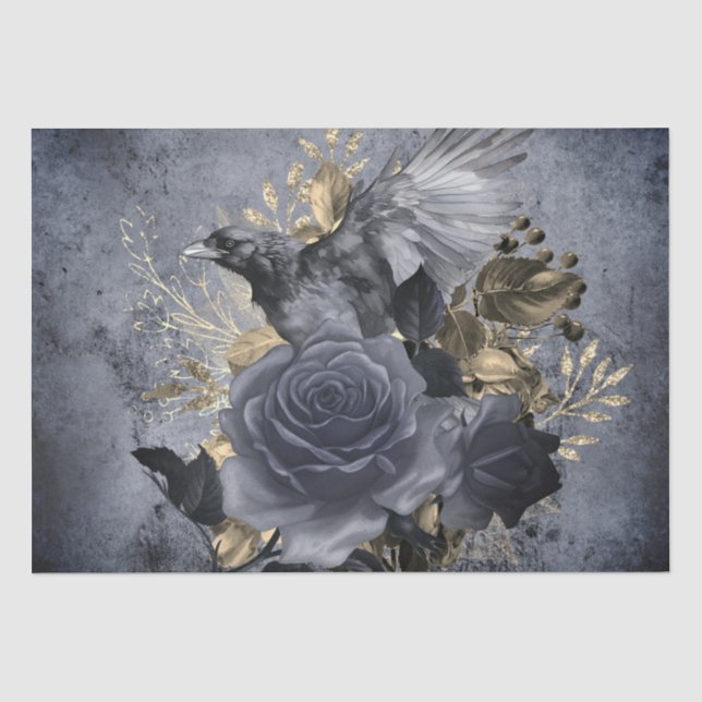 Raven Bird Gold Blue/Black Rose Whimsisches Gewebe Seidenpapier (Vorderseite)