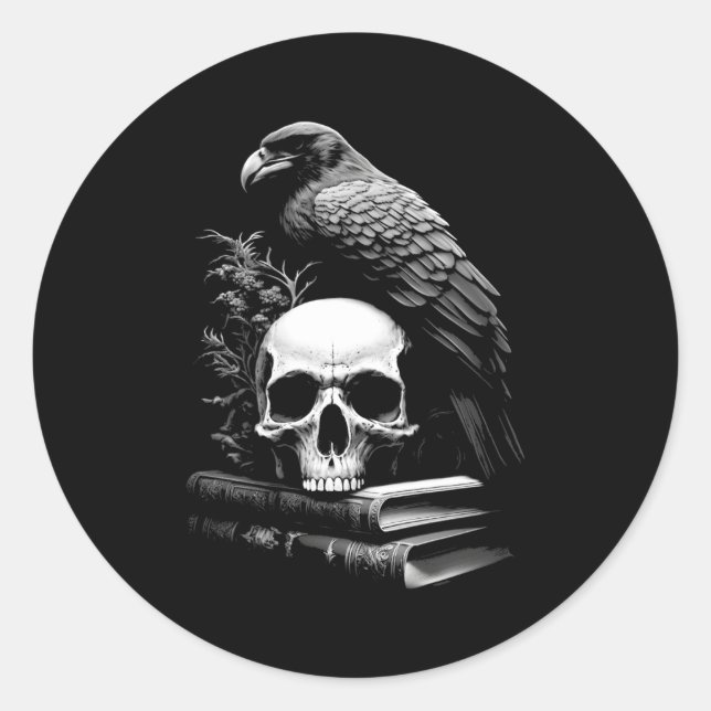 Raven Bird Skull and Books Witchy Occulmia Academi Runder Aufkleber (Vorderseite)