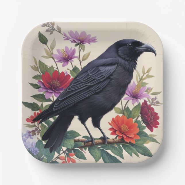 Raven Colorful Bloral Art Pappteller (Vorderseite)