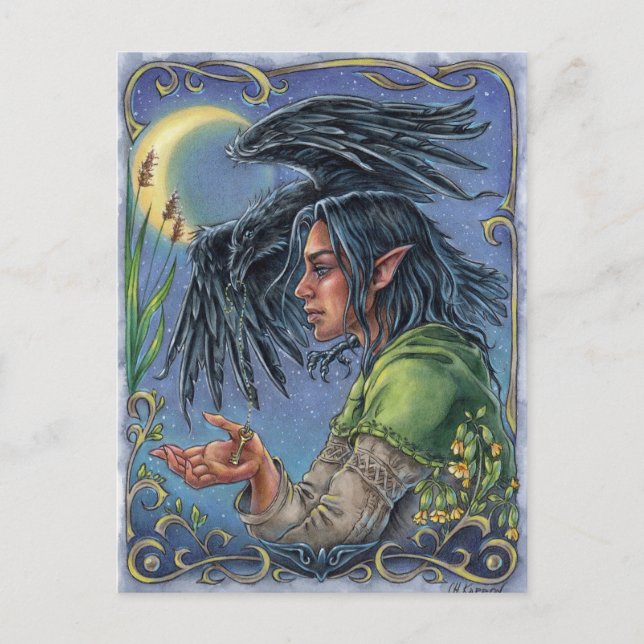Raven Guide Postcard Fantasy Fairytale Moon Postkarte (Vorderseite)