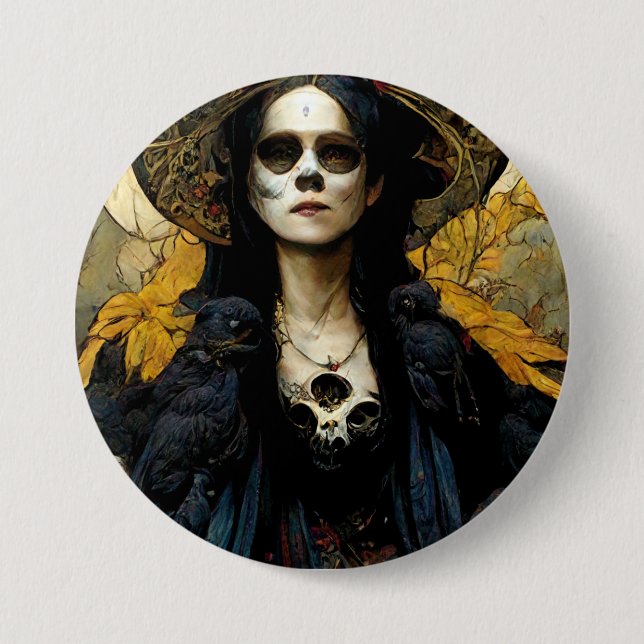 Raven Hexe 3 Fantasy Horror Goth Gothic Button (Vorderseite)