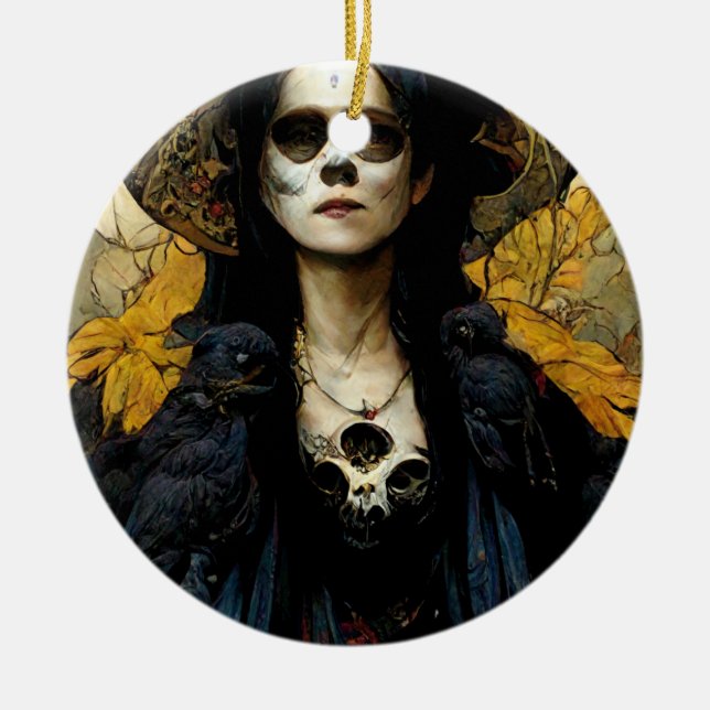 Raven Hexe 3 Fantasy Horror Goth Gothic Keramik Ornament (Vorne)