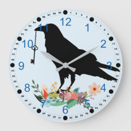 Raven Holding Key and Standing On Flowers Große Wanduhr