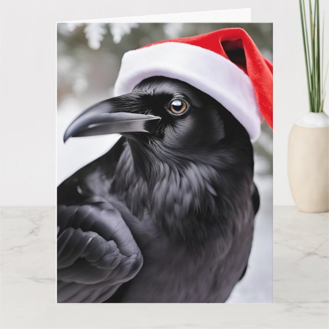 Raven in der Weihnachtsmannmütze Weihnachten Karte (Vorderseite)