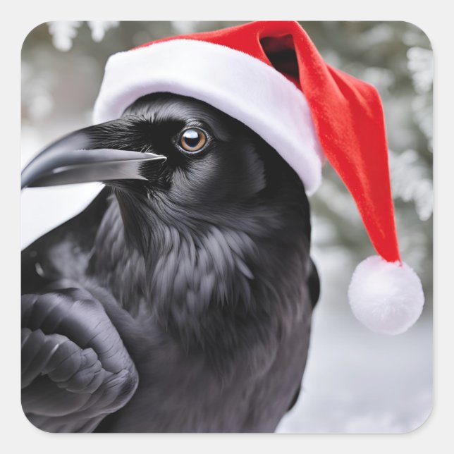Raven in einer Weihnachtsmannmütze Quadratischer Aufkleber (Vorderseite)