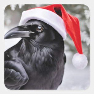 Raven in einer Weihnachtsmannmütze Quadratischer Aufkleber