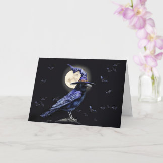 Raven in Hexenmeisterhut mit Fledermäusen und Mond Karte