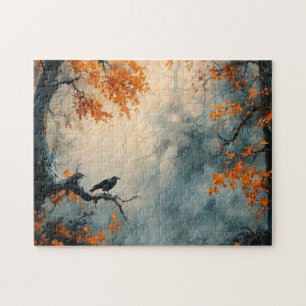 Raven in Misty Autumn Forest