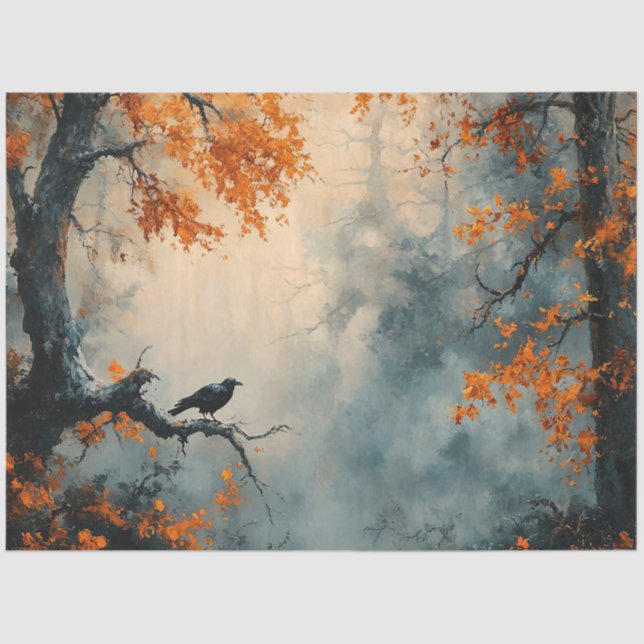 Raven in Misty Autumn Forest Decoupage Seidenpapier (Vorderseite)