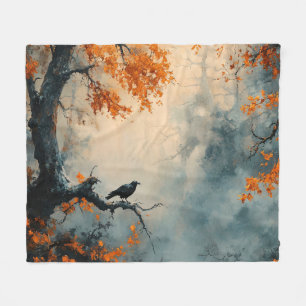 Raven in Misty Autumn Forest Fleecedecke