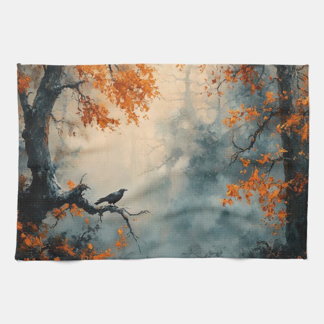 Raven in Misty Autumn Forest Geschirrtuch (Horizontal)