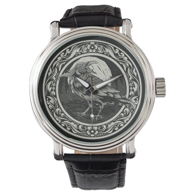 Raven Medallion Carving Art Bird Nature Armbanduhr (Vorderseite)