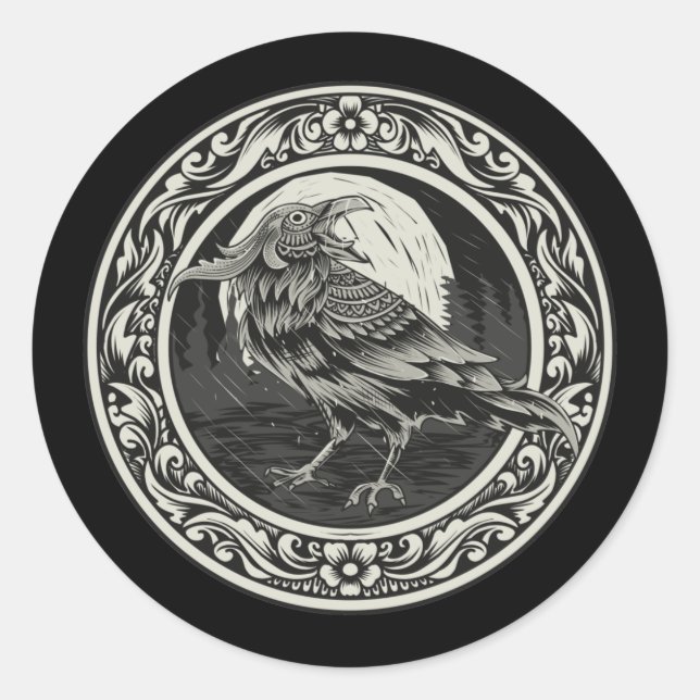 Raven Medallion Carving Art Bird Nature Runder Aufkleber (Vorderseite)