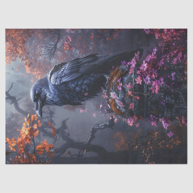 Raven mit farbenfrohen Herbstblättern Decoupage Seidenpapier (Vorderseite)