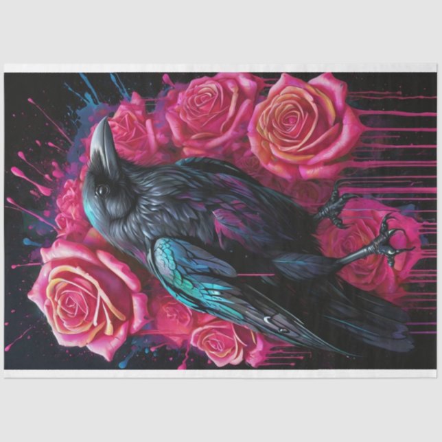 Raven mit Neon Pink Roses Pop Art Decoupage Seidenpapier (Vorderseite)