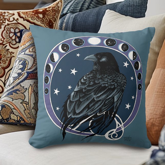 Raven Moon Phases Stars Blue Kissen (Von Creator hochgeladen)