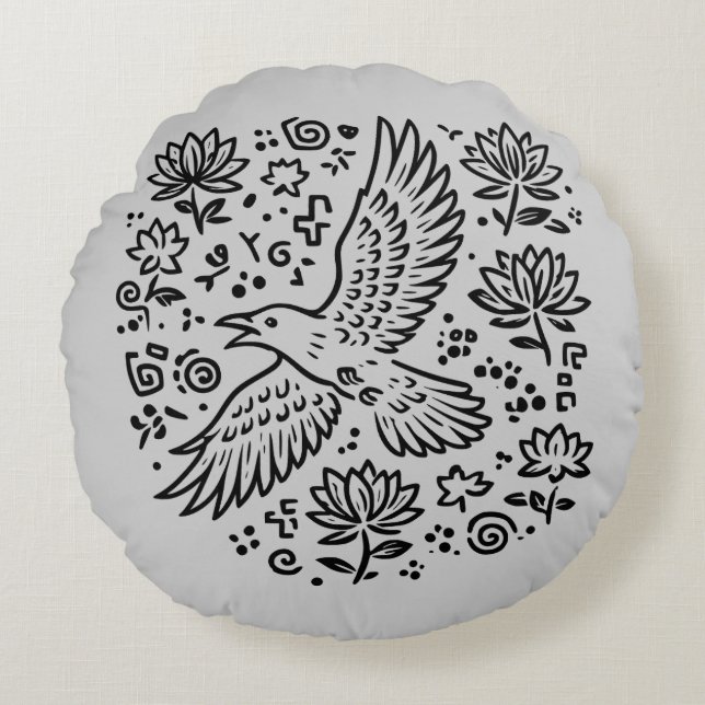 Raven of Transformation Rundes Kissen (Vorderseite)