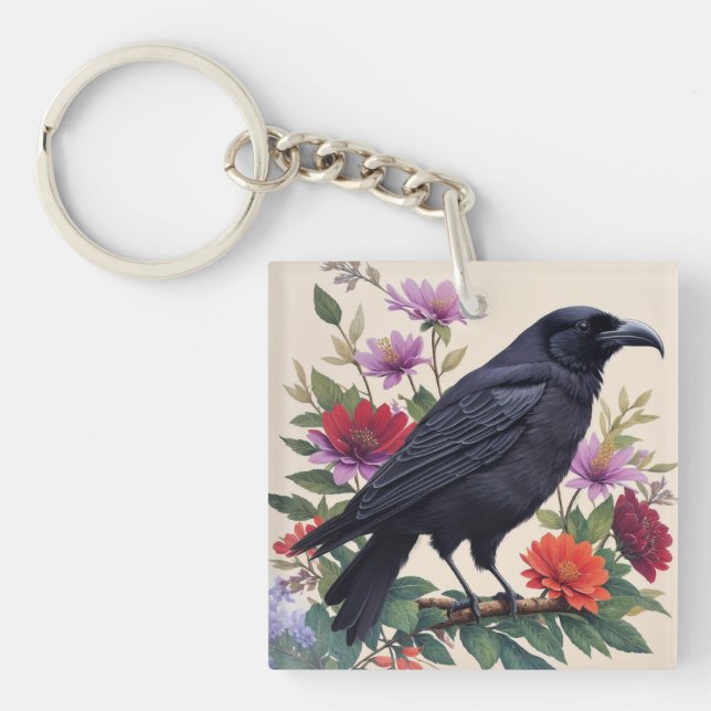 Raven on Branch farbenfrohe Blumenkunst Schlüsselanhänger (Vorderseite)