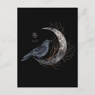 Raven on Crescent Moon with Winter Kanji Postkarte