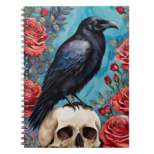 Raven on Skull Rote Rosen Aquamariner Hintergrund Notizblock