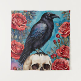 Raven on Skull Rote Rosen Aquamariner Hintergrund Wandteppich