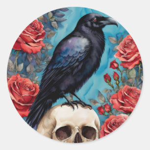 Raven on Skull Rote Rosen Night Runder Aufkleber
