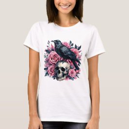 Raven & Pink Roses – Gothic Skull Watercolor T-Shirt
