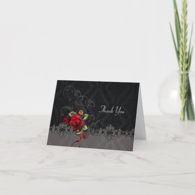 Raven Red Roses Black Gray Damask Thank You Dankeskarte (Vorderseite)