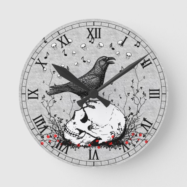 Raven Sings Song of Death on Skull Illustration Runde Wanduhr (Vorderseite)