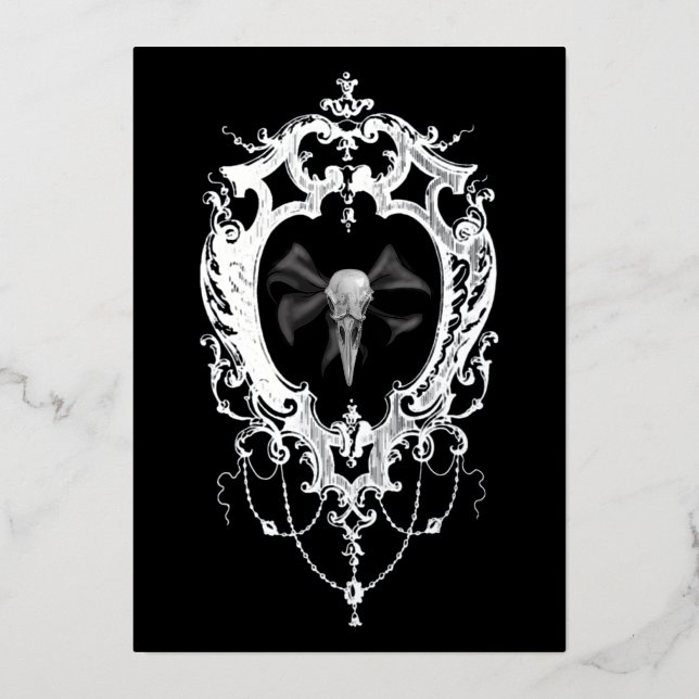 Raven Skull Silver Frame Goth Wedding Folieneinladung (Vorderseite)