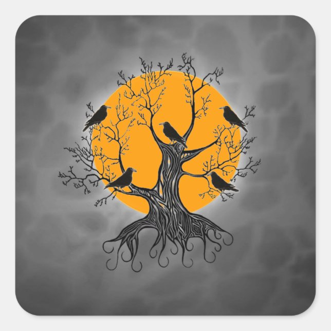 Raven Tree with Moon Quadratischer Aufkleber (Vorderseite)