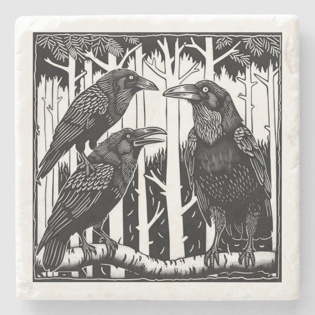 Raven und ihre Kinder in den Bäumen Steinuntersetzer (Vorderseite)
