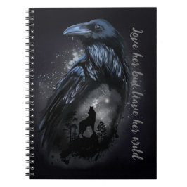 Raven und Wolf, die auf dem Mond heulen Notizblock
