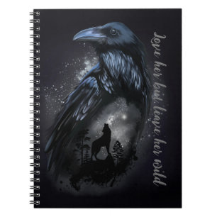 Raven und Wolf, die auf dem Mond heulen Notizblock