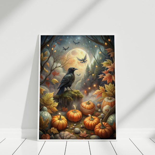 Raven Wall Art Herbst - Mystischer Vollmondwald Poster (Autumn Raven Wall Art – Mystical Full Moon Forest in a white wooden frame)