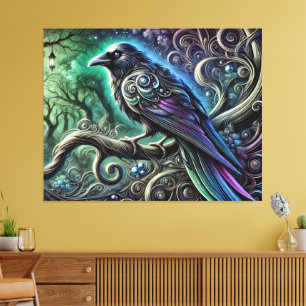 Raven with Iridescent Feathers in verzaubertem Wal Leinwanddruck