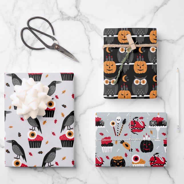 Ravens, Eyeballs Cupcake Design perfekt Halloween Geschenkpapier Set (Vorderseite)