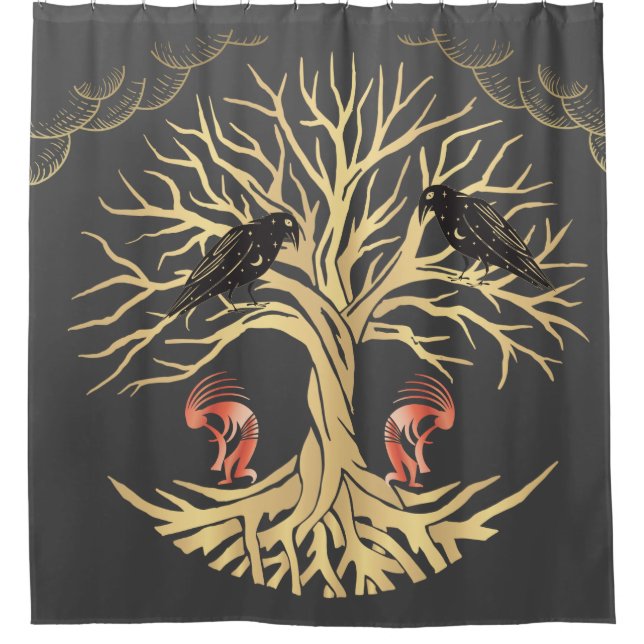 Ravens gris or et rideau de douche Kokopelli (Devant)