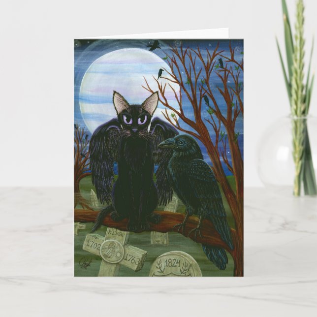 Raven's Moon Black Cat Crow Goth Fantasy Art Card Karte (Vorderseite)