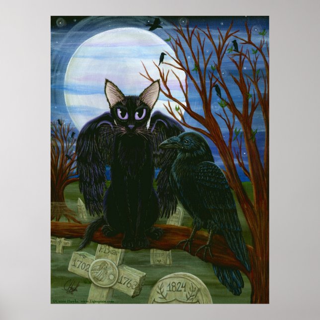 Raven's Moon Black Cat Crow Gothic Art Poster (Vorne)