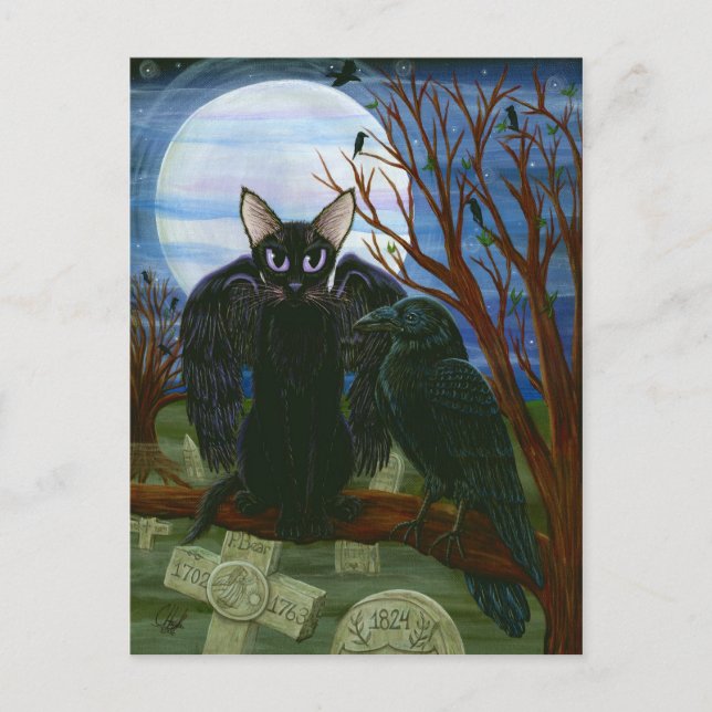 Raven's Moon Black Cat Crow Gothic Art Postkarte (Vorderseite)
